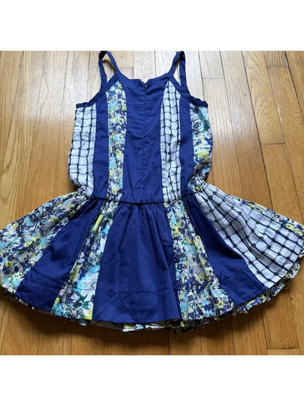 Catimini Girls Size 10 Blue Floral Striped Patchwork Sleeveless Ruffle Dress